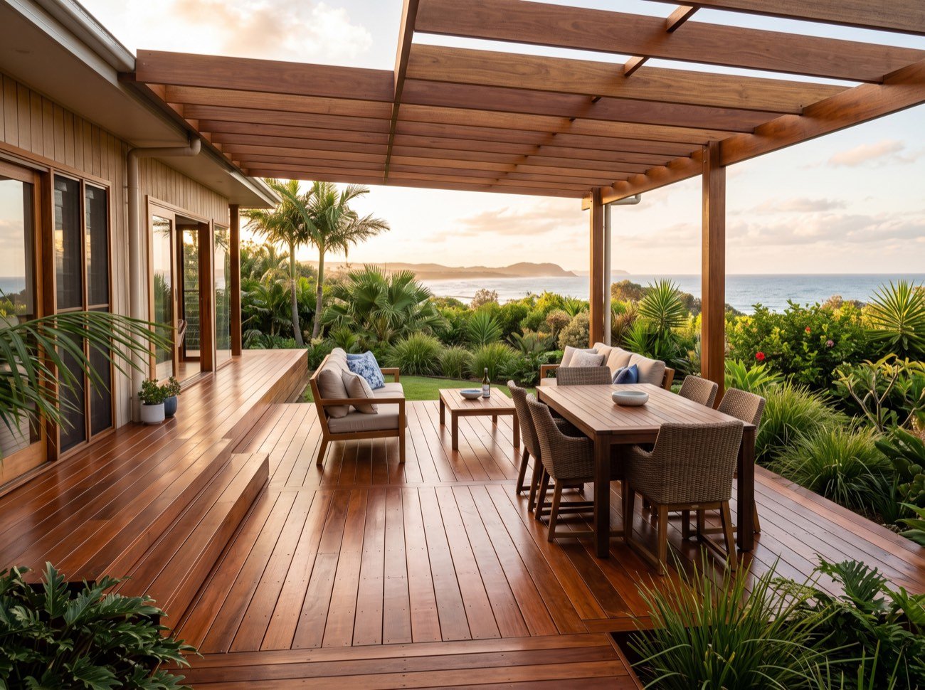 Freshly stained timber deck and pergola at a Sunshine Coast home