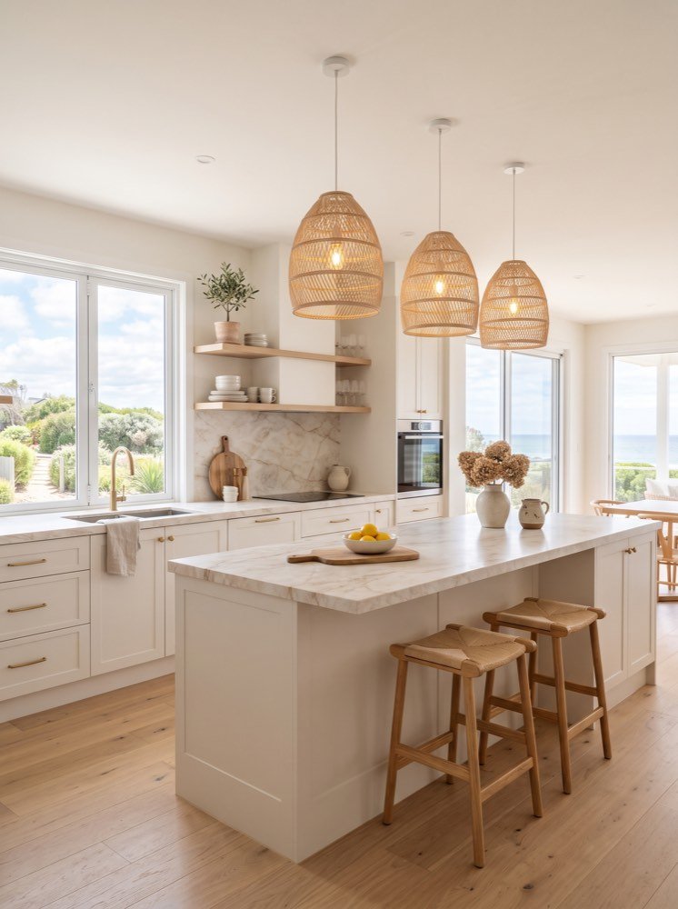 Freshly painted bright coastal kitchen interior with soft warm white cabinetry