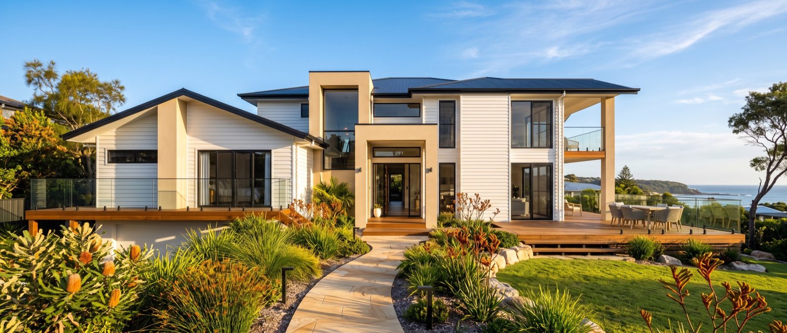 Freshly painted modern coastal home on the Sunshine Coast with sand-toned render and crisp white trim
