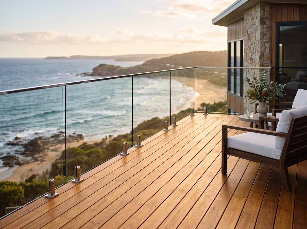 Freshly stained timber deck with glass balustrade